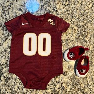 Nike FSU Garnet and Gold Performance fabric Bodysuit One Piece, with shoes.